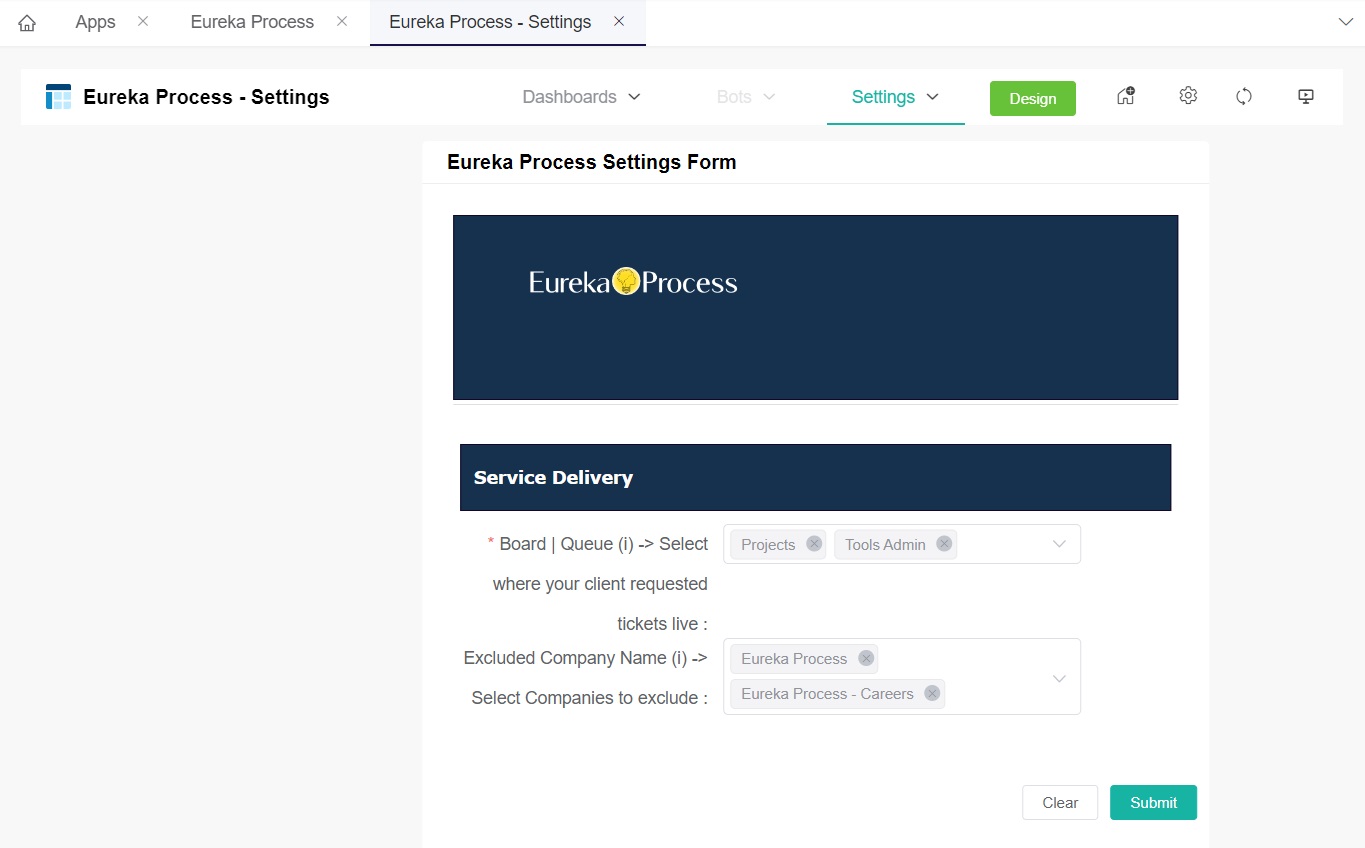image Eureka Process Settings Form