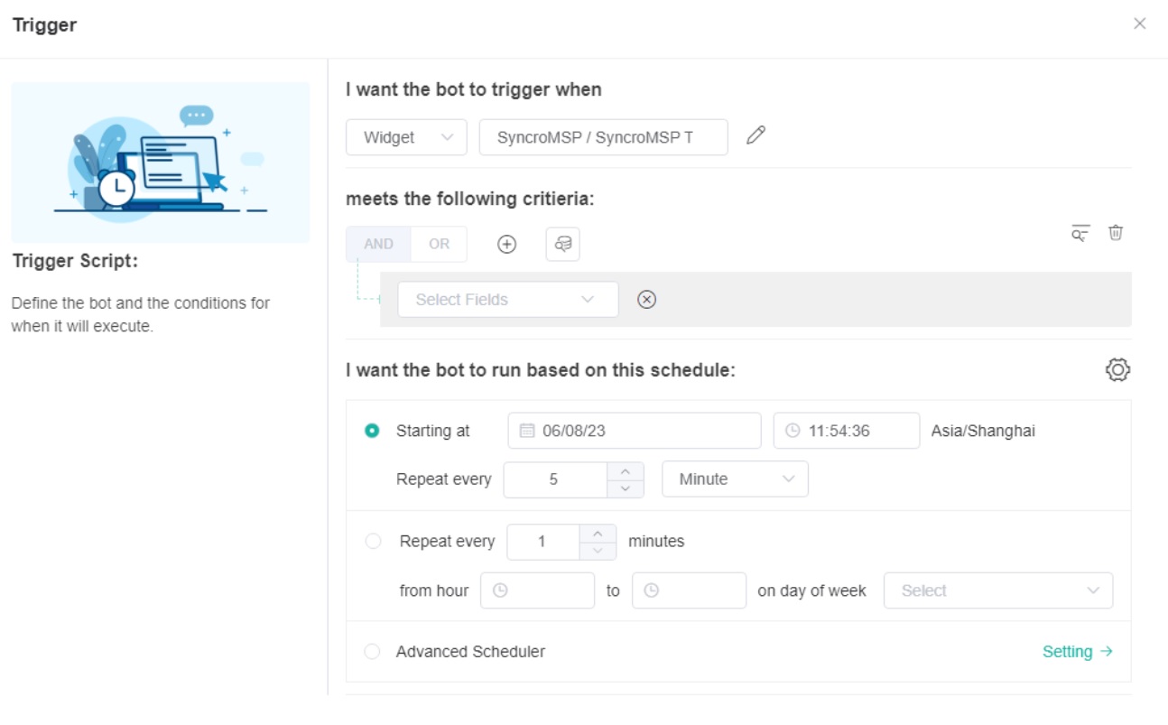 image of the bot trigger window