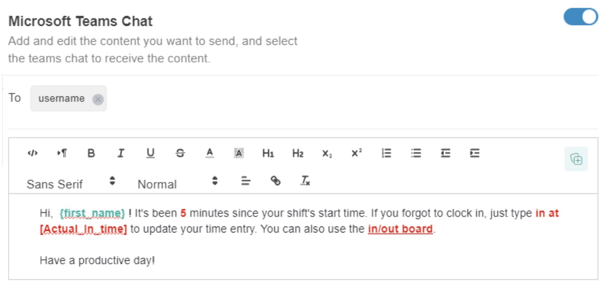 clock in message
