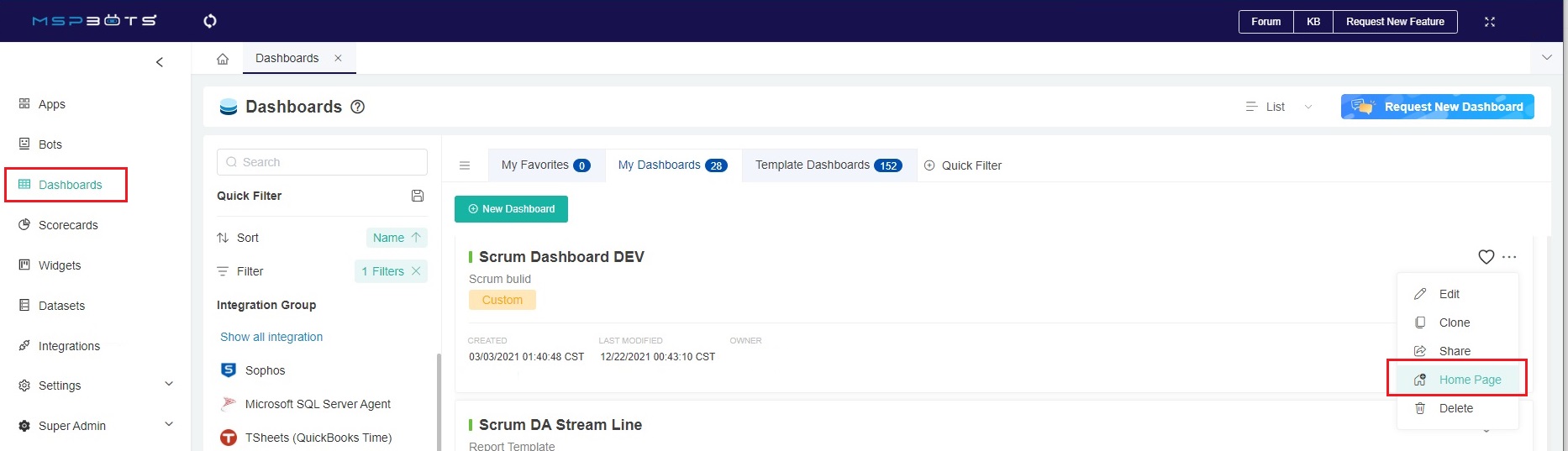 set homepage from dashboards