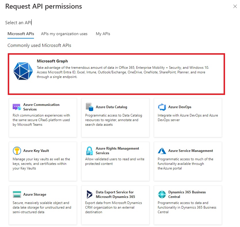 request API permissions - select Microsoft Graphs