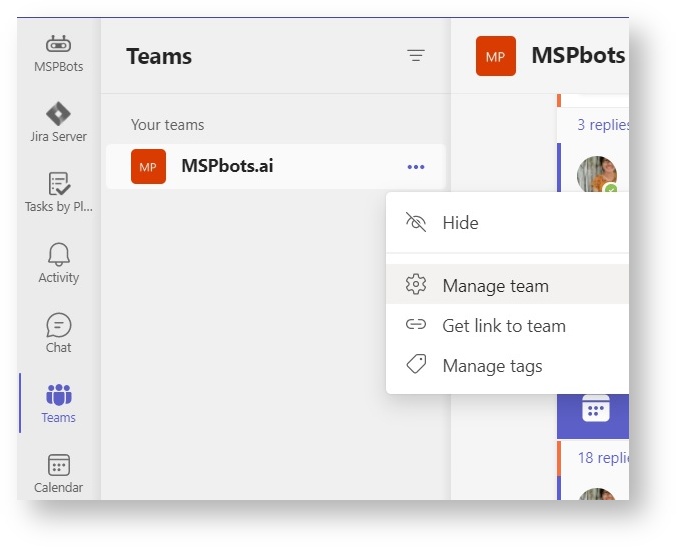 MS Teams menu